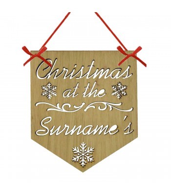 Laser Cut Oak Veneer Personalised 'Christmas At The...' Stencil Cut Banner - Snowflakes & Swirls